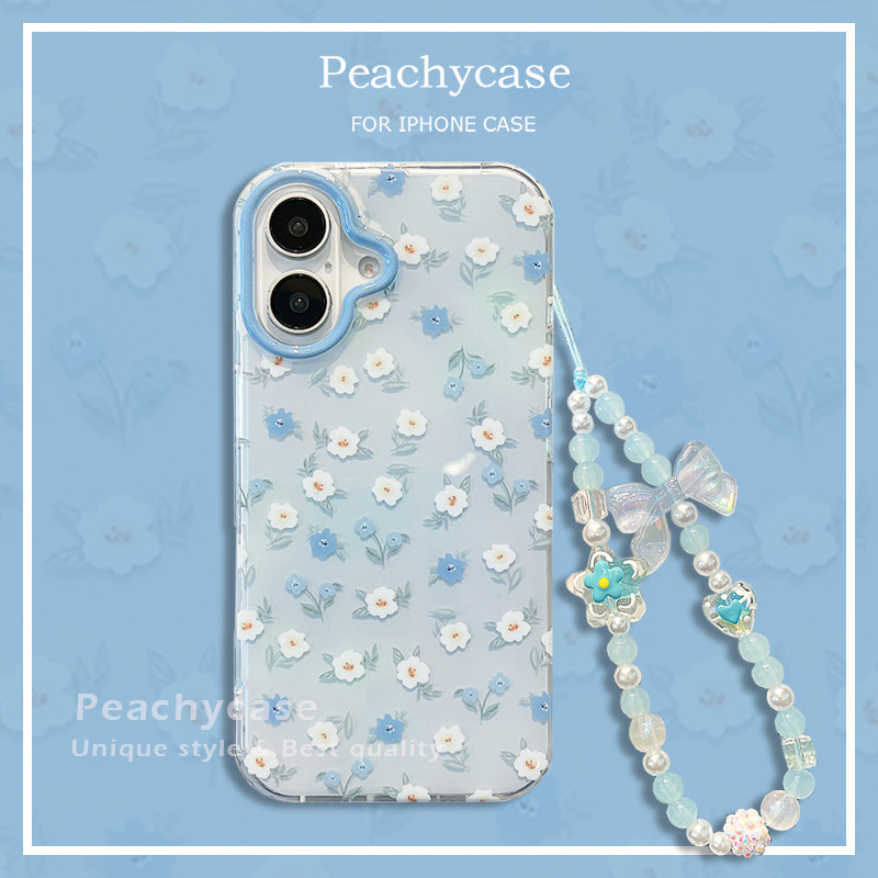 INS ดอกไม้สีฟ้าดอกไม้โทรศัพท์มือถือสําหรับ iPhone 17 16 15 14 Pro Max 13 พร้อม Bowknot Chain Shock Proof IMD ฝาครอบปลอก