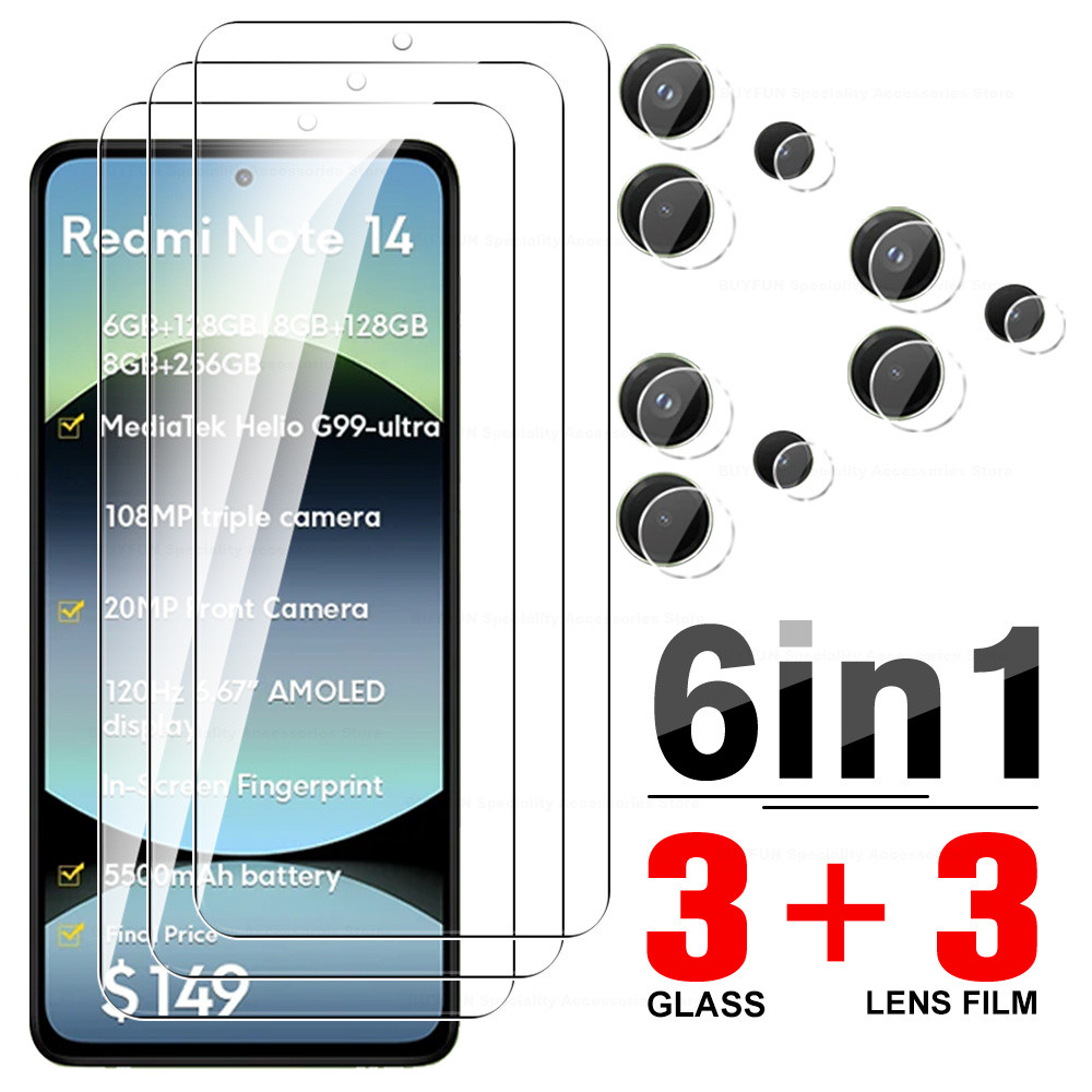 6in1 กระจกนิรภัยป้องกันหน้าจอสําหรับ Xiaomi Redmi หมายเหตุ 14 5G เลนส์ป้องกันกระจก Readmi Note14 4G 