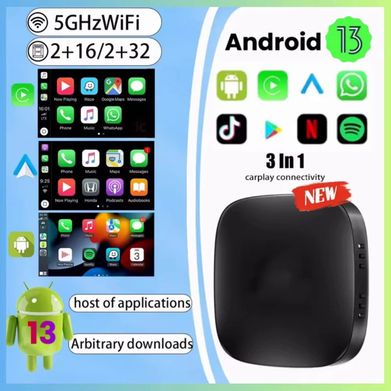 กล่องสมาร์ททีวี 2+32G Ai Android 13 ไร้สาย Android Auto & CarPlay รองรับ Youtube Netflix อุปกรณ์เสริ