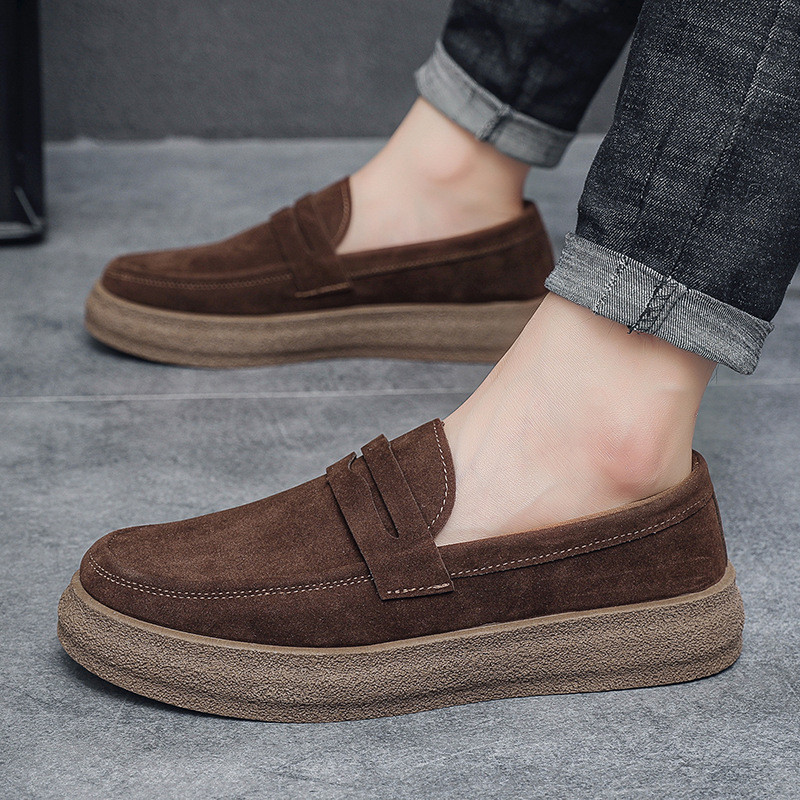 One-pedal รองเท้าโลฟเฟอร์ผู้ชายสไตล์ใหม่ สีดำ Nubuck แบบขี้เกียจขับรถ ใส่สบาย Soft Sole