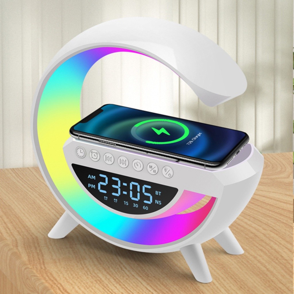 ลําโพงบลูทูธ 4in1 พร้อมโคมไฟ LED และนาฬิกาปลุก RGB ที่ชาร์จแบบไร้สายบรรยากาศ