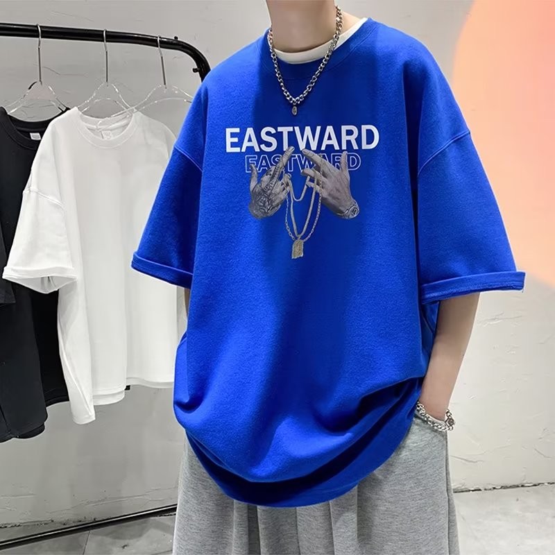 M-8XLSummer Retro Trend Hip-hop Gesture พิมพ์รอบคอแขนสั้นเสื้อยืดสําหรับชายแฟชั่นแบรนด์หลวมขนาดใหญ่แ