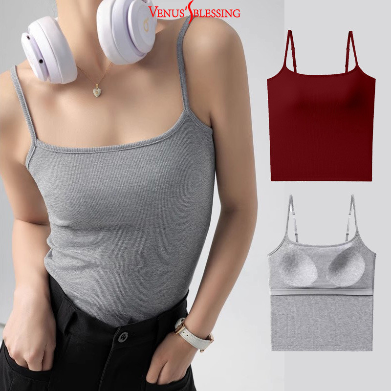 2 IN1 Bra-top สายคล้องไหล่บาง Ribbed U-neck Camisoles with Bra + top 2in1 คอปาด U-back top