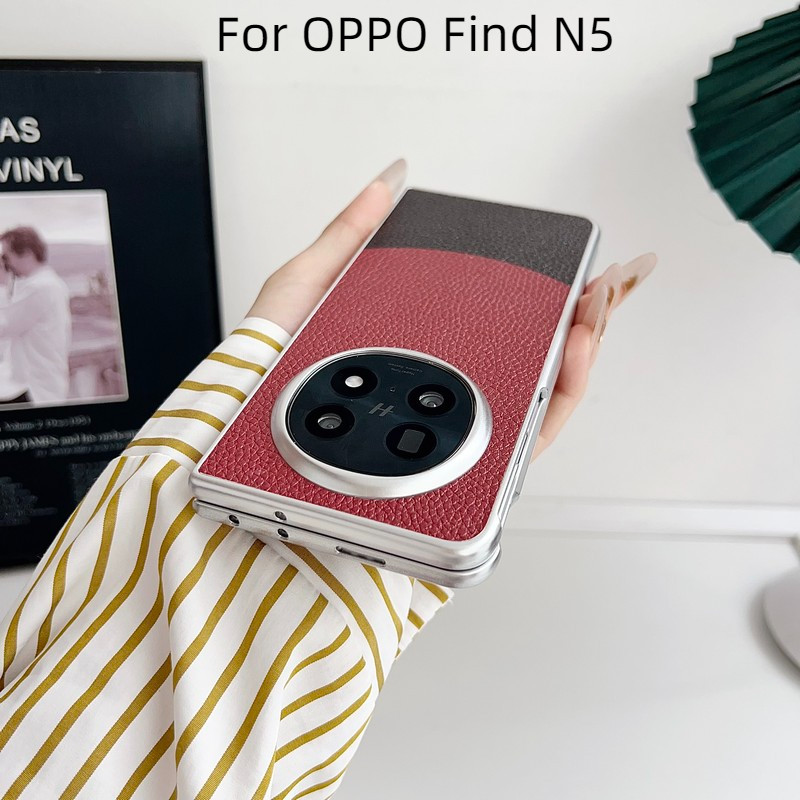 หรูหราลิ้นจี่รูปแบบ Splice หนัง PC Hard Flip สําหรับ OPPO ค้นหา N5 N 5 FindN3 FindN5 ชุบเงินกันชนฝาครอบโทรศัพท์ปลอก
