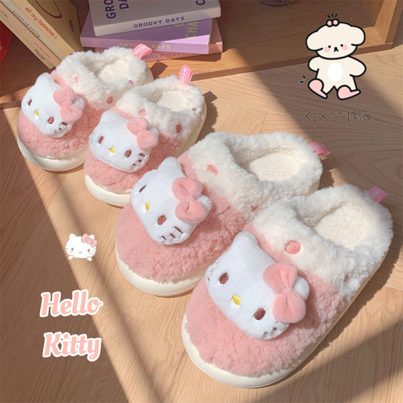 Xitiao Sanrio Hello Kitty รองเท้าแตะผ้าฝ้ายอุ่นตุ๊กตานักเรียนหญิงบ้านห้องนอนนุ่มสบายแต่เพียงผู้เดียว
