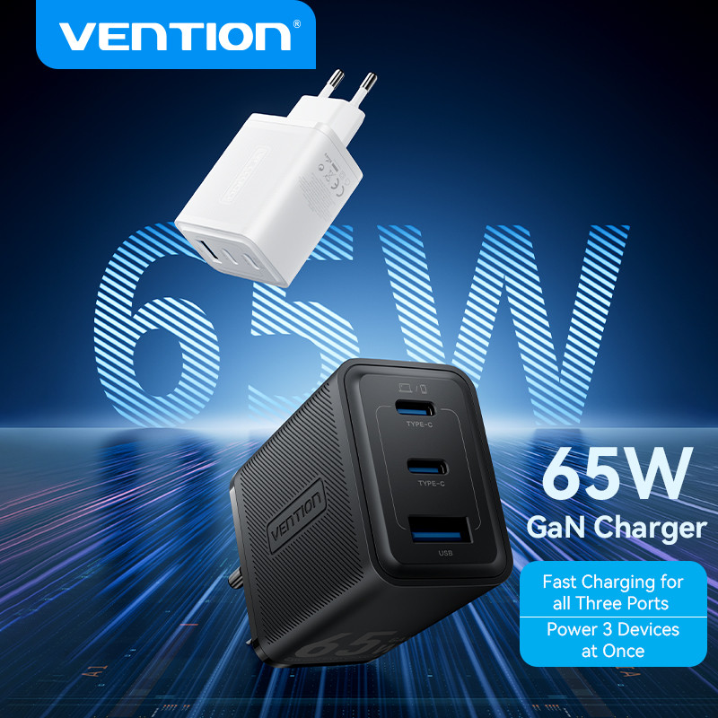 Vention PD GaN3 3-Port Fast Charging Charger Adapter (1 USB A + 2 Type C) 65W - FER