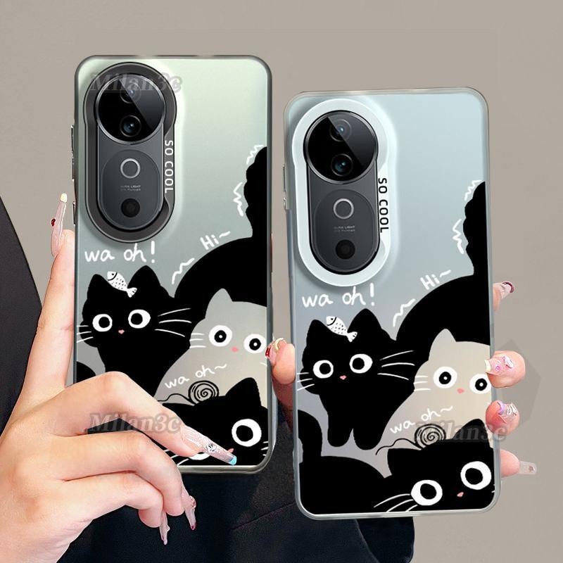 สําหรับ Vivo V50 V40 V29 กรณี Vivo V40 Pro น่ารักแมวดํา Ins สไตล์กันกระแทก Matte Hard เคสโทรศัพท์ IMD ปุ่มชุบฝาครอบโทรศัพท์สําหรับนักเรียนหญิงผู้หญิง