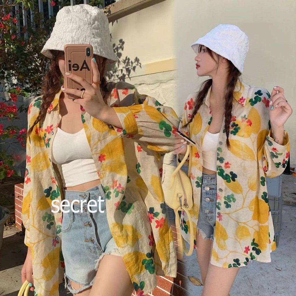 Dahong 💖 เสื้อเชิ้ตแขนยาว Colorful Flowers กันแดด เสื้อเชิ้ตแฟชั่นผู้หญิง สีสันสดใสมาก หรือไปทะเลก็สวยสับ W378