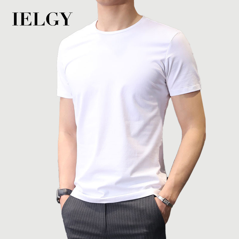 IELGY เสื้อยืดผู้ชายแขนสั้นสีทึบฤดูร้อนรอบคอครึ่งแขนด้านบนสีขาว