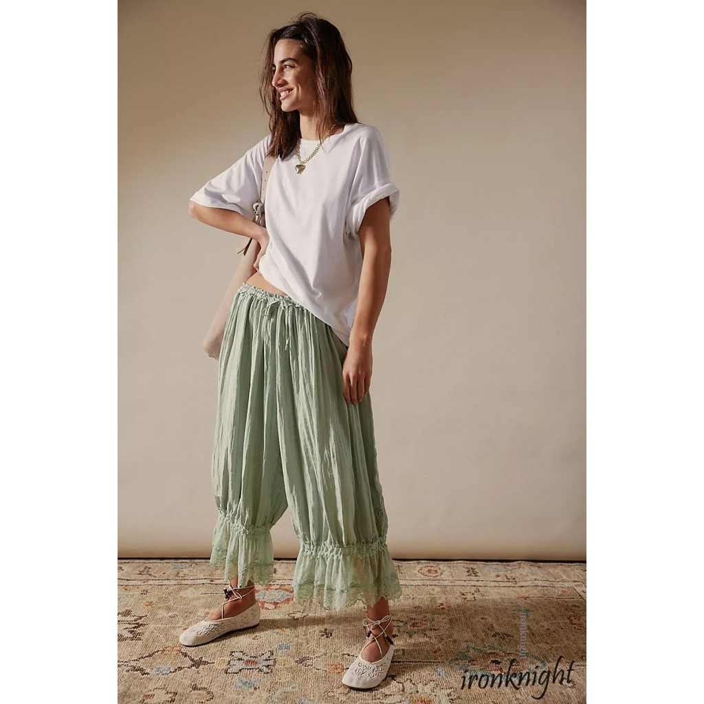 Ironknight-womens Loose Mid Rise Patchwork Lace Lantern Pants