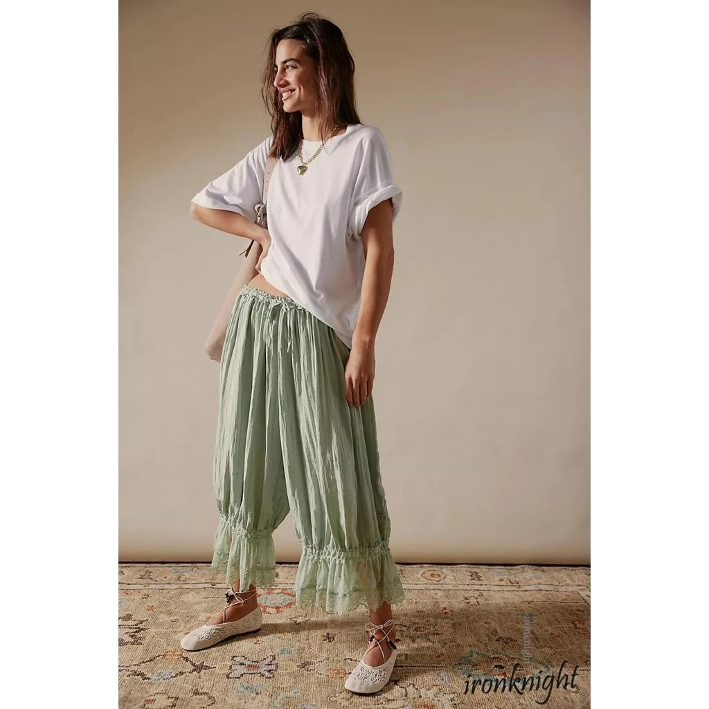 Ironknight-womens Loose Mid Rise Patchwork Lace Lantern Pants