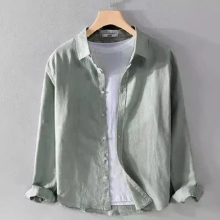 M-3XL เสื้อเชิ้ตผู้ชาย ผ้าฝ้าย และผ้าลินิน สีขาว แฟชั่นฤดูร้อน เสื้อผู้ชาย