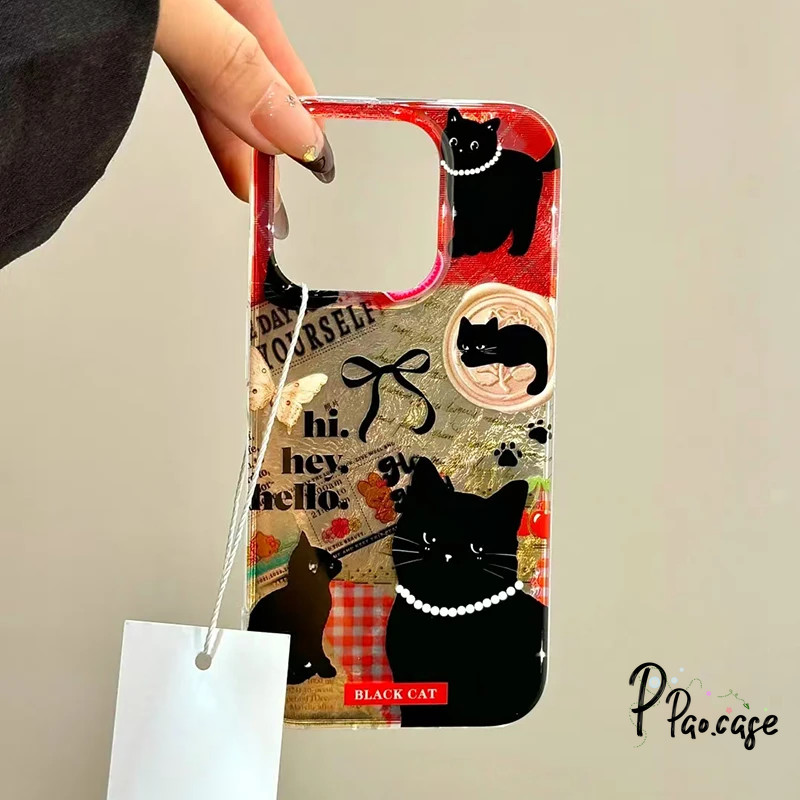 เข้ากันได้กับ เคสไอโฟน 11 15 13 16 12 14 Pro Max XR 16 14 15 7 8 Plus XS MAX X เคสสร้อยข้อมือรูปแมวสีดำสุดเท่สไตล์เรโทร ราคา ถูกที่สุด ดีลบีเคเค แกลเลอรีภาพที่ 2