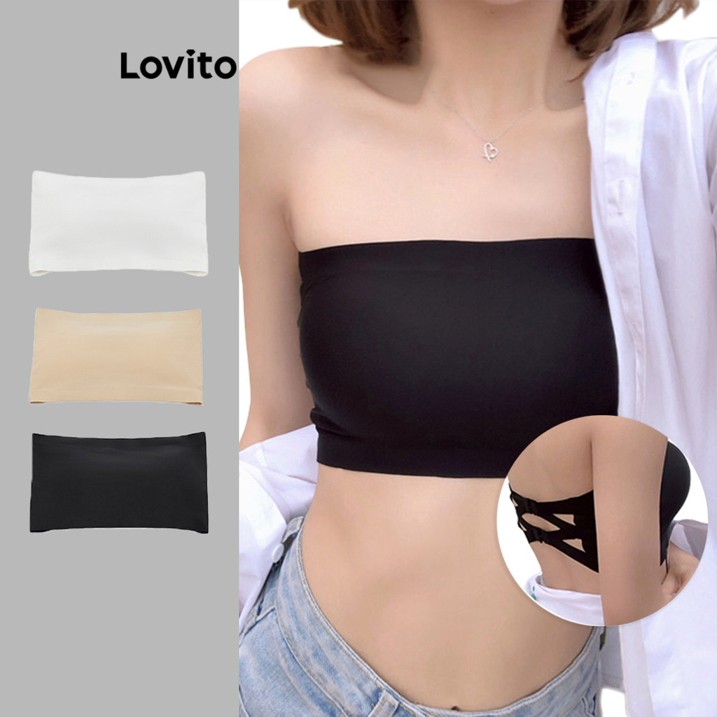 Lovito บราเกาะอก ไร้รอยต่อ เรียบหรู พร้อมแผ่นถอดออกได้ L26AD120 (สีแอปริคอท/ขาว/ดํา)