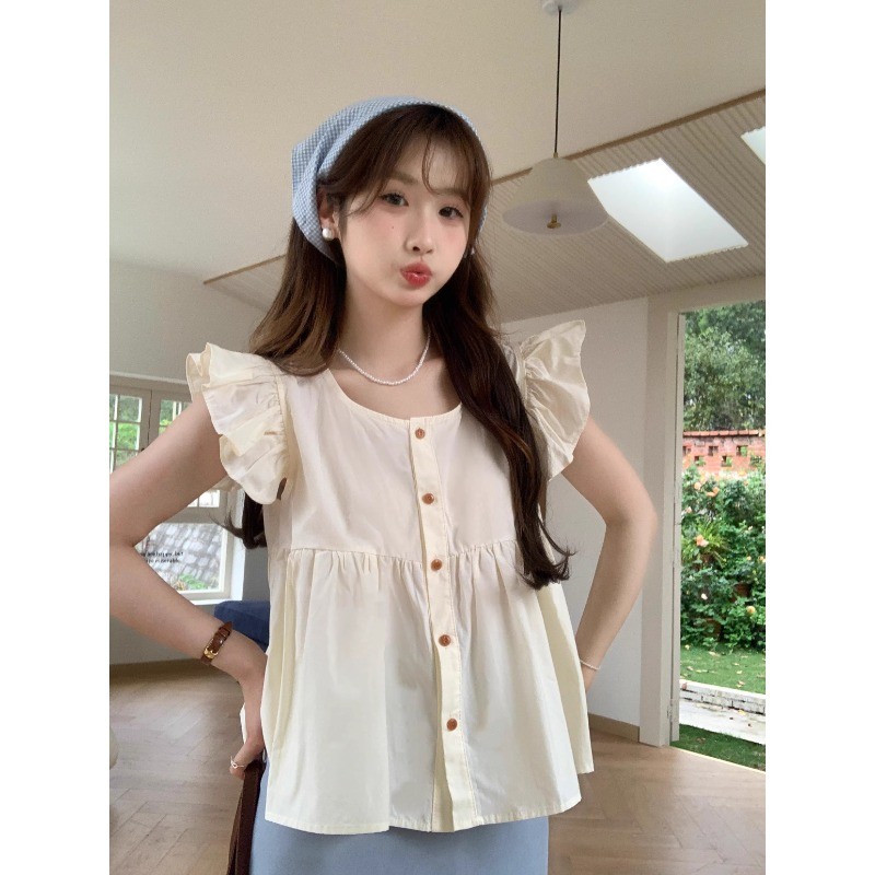 shayne💙เสื้อฤดูร้อน คอกลม สีทึบ หวาน สุภาพสตรี การเดินทาง เสื้อผ้าแฟชั่นสตรี จัดส่งภายใน 24 ชั่วโมง