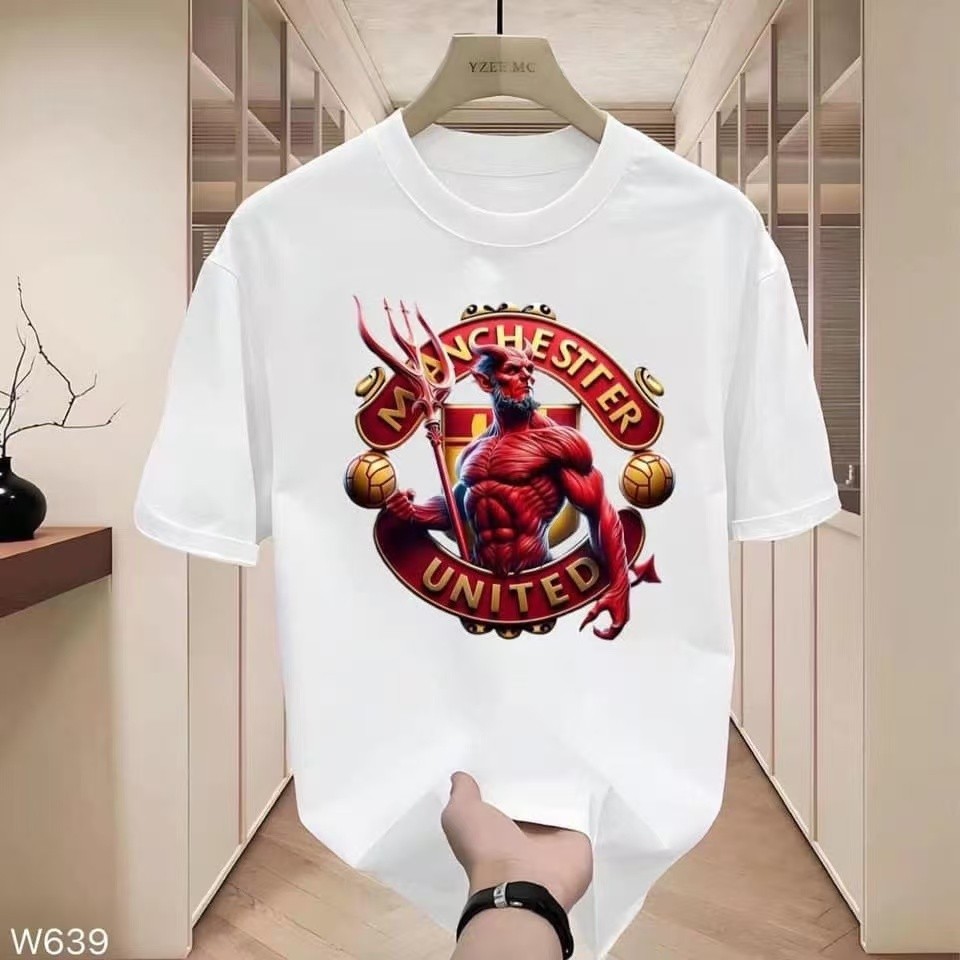 เสื้อยืดแขนสั้นผ้าฝ้ายแท้คอกลมสโมสรฟุตบอลแมนยู (แมนยู) ลายโลโก้ระบายอากาศต้านเชื้อแบคทีเรีย!