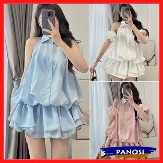 Váy tiểu thư kiểu sơ mi khoét vai bo eo dáng xòe set váy sát nách kèm tay bo rời chất thô hàn cao cấp V16-PANOSI
