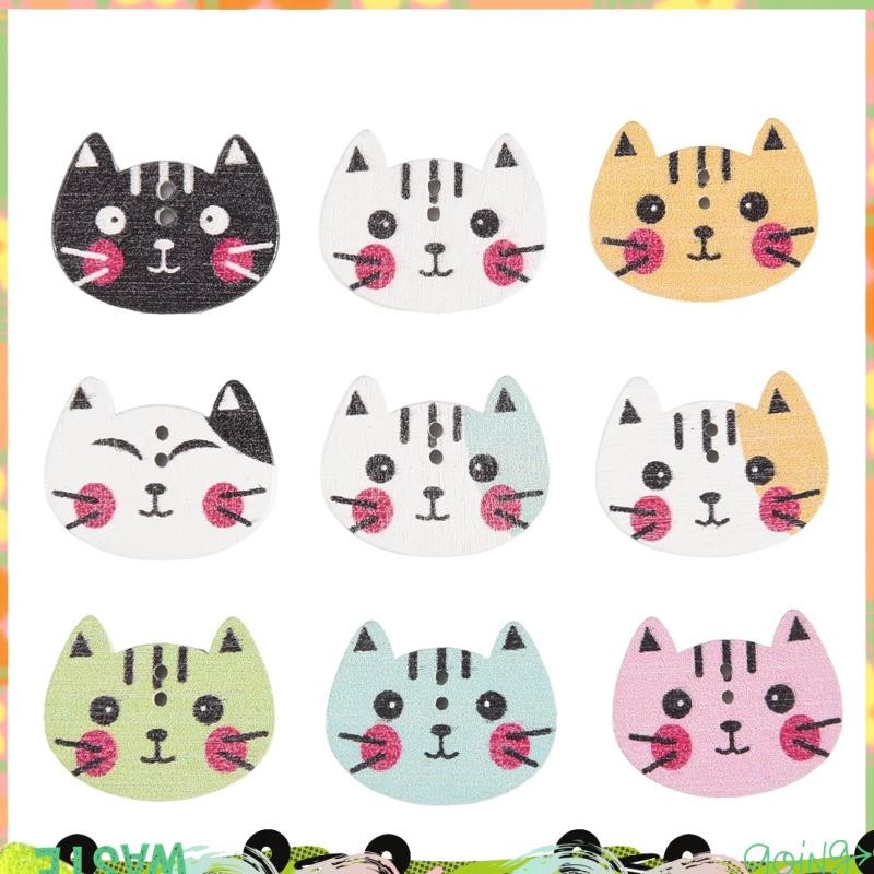 Super 100 ชิ้นสัตว์แมวปุ่มไม้เย็บ Scrapbooking DIY Craft สีสันสดใส 2 หลุม