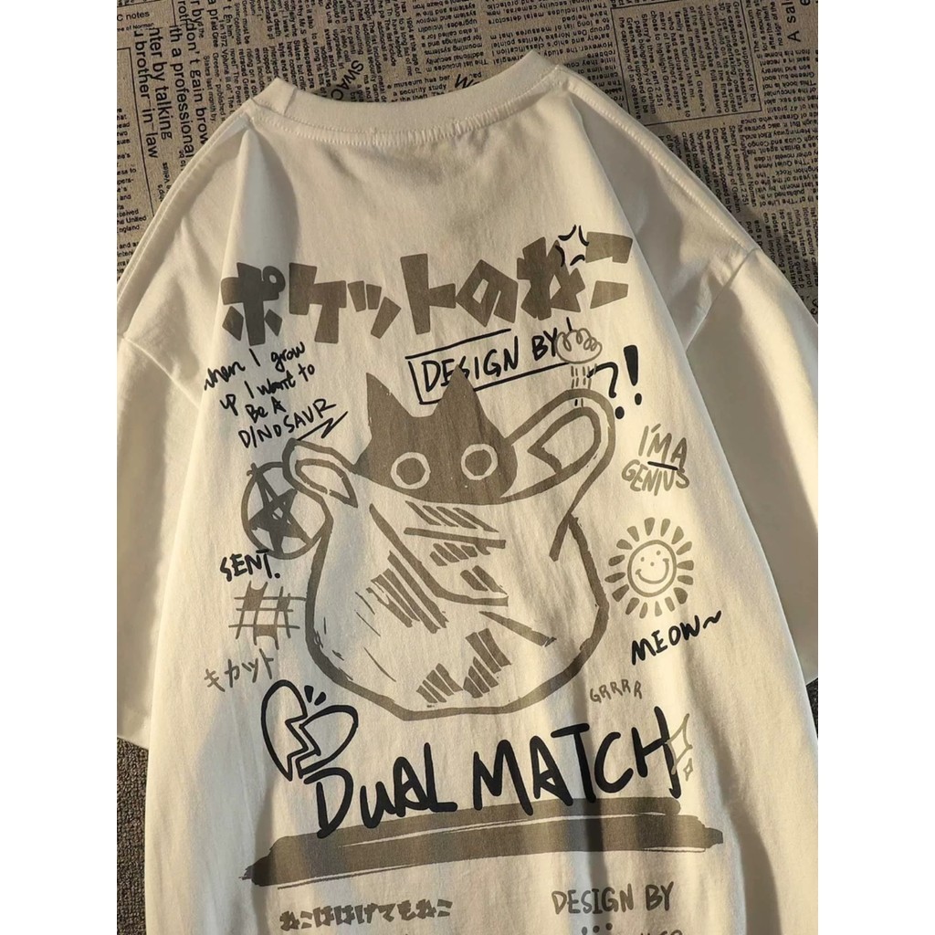 (กรุงเทพจัดส่งสินค้า)MAO Shop เสื้อยืด oversize แมวน่ารัก ใส่สบายๆ สไตล์เกาหลี-โพลีเอสเตอร์