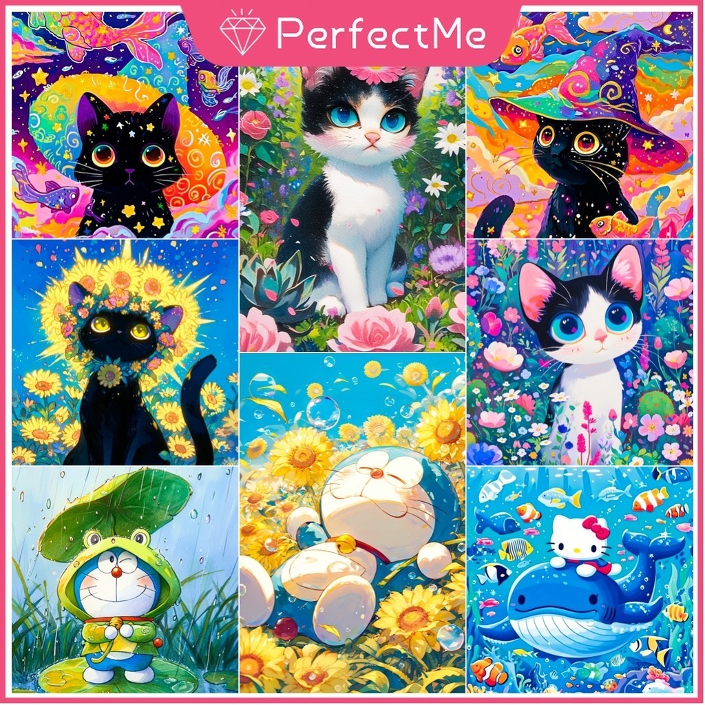 【PM】ภาพปักครอสสติตช์คริสตัล รูปแมว ดอกไม้ 5D สําหรับแขวนตกแต่งบ้าน 动物 5242