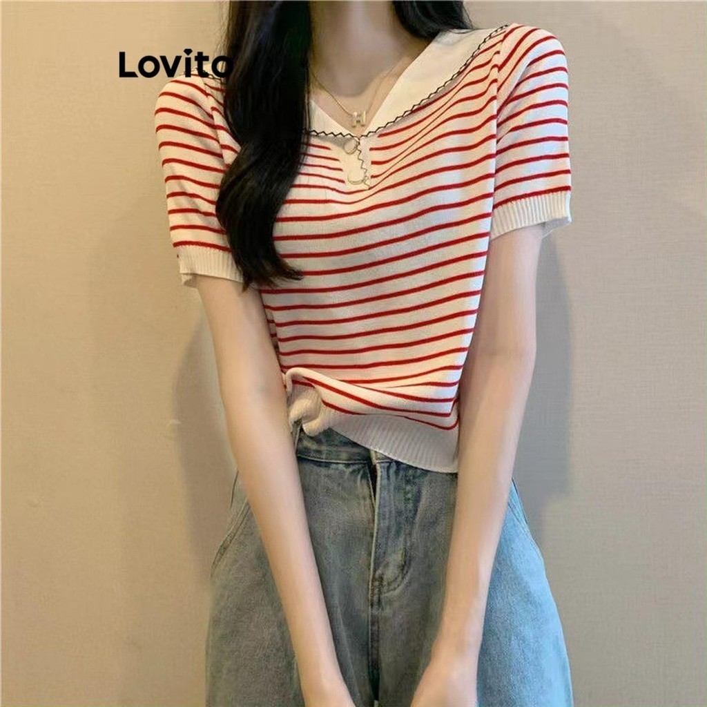 Lovito เสื้อถักผู้หญิง คัลเลอร์บล็อก ลายทาง สไตล์ลำลอง LNA49257