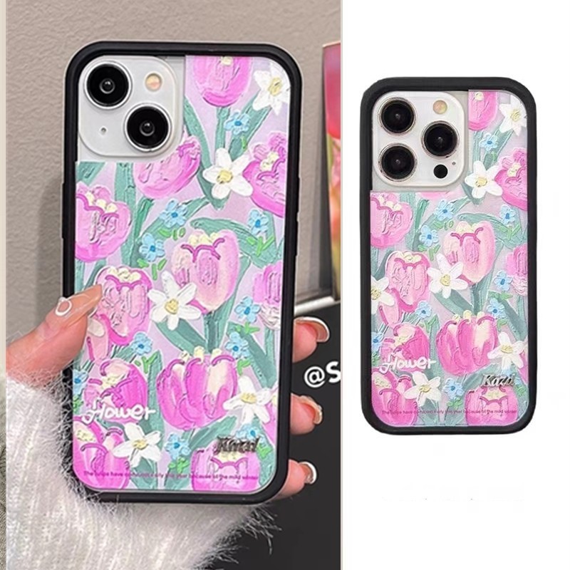Wildflower Oil Painting Tulip Hard Case For iPhone 15 14 13 12 Pro Max Acrylic Cover