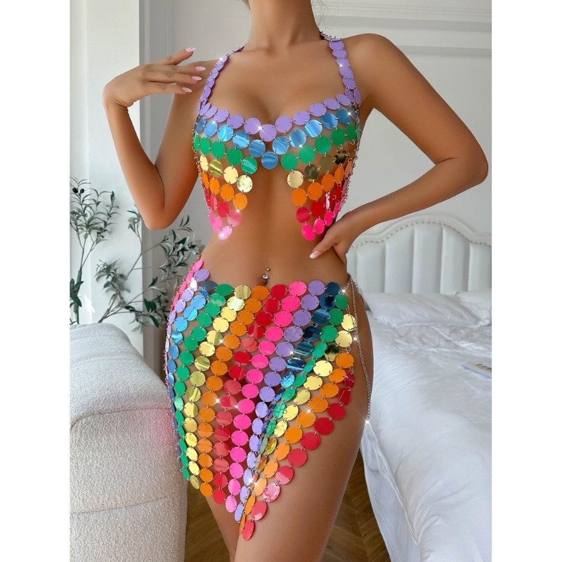 Youyo Womens Rainbow Sequins บิกินี ่ Bras Halterneck Festival Party Body Chain Camisole