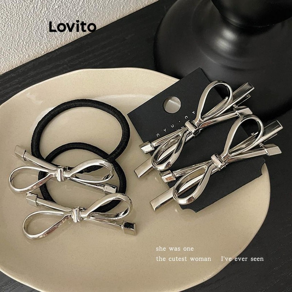 Lovito คลิปติดผมผู้หญิง โลหะ รูปโบว์ สีเรียบ สไตล์ลำลอง LFA28081