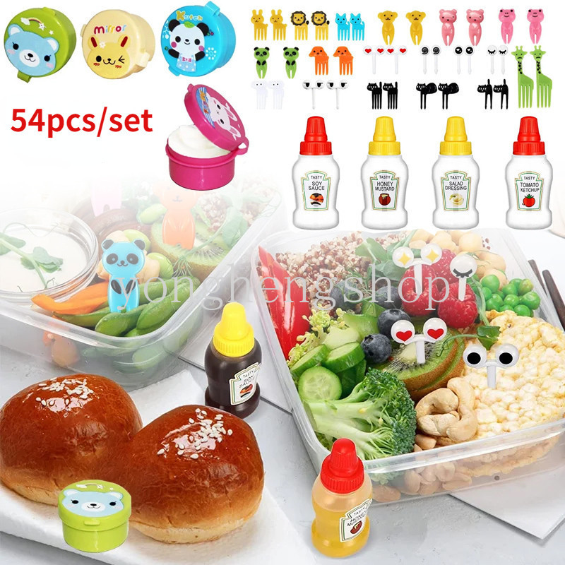 54 ชิ ้ นมินิขวดซอสสัตว ์ รูปส ้ อมผลไม ้ ชุดบีบขวดเด ็ ก Bento กล ่ องตกแต ่ งซอสปรุงรสซอสมะเขือเทศสลัด Dressing คอนเทนเนอร ์ อาหาร Picks เครื ่ องมือห ้ องครัว