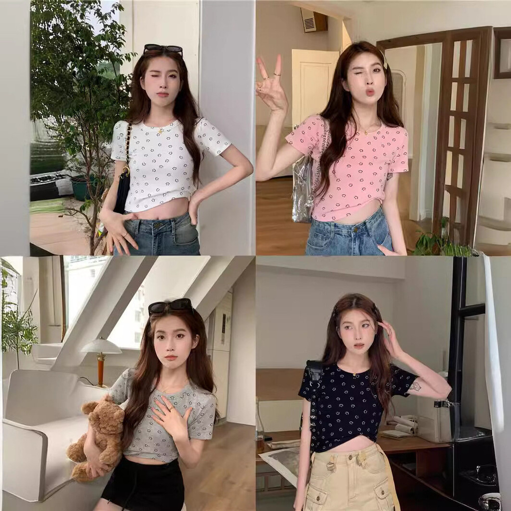 TRY HARDER เสื้อครอปรัดรูป แขนสั้น แฟชั่นผู้หญิง ลายหน้ายิ้ม พร้อมส่ง