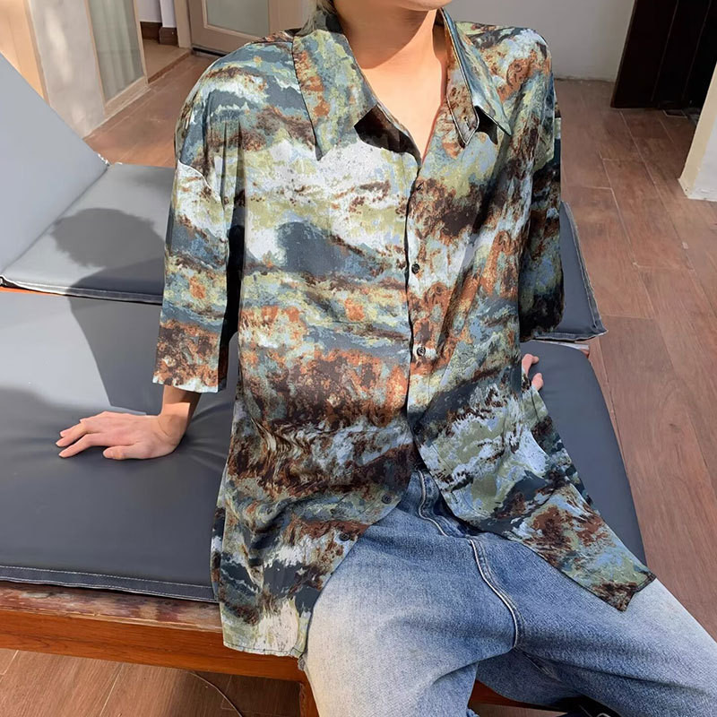 ผู้ชายสไตล์เกาหลีหลวมคุณภาพสูงลดลงรู้สึกแขนสั้นเสื้อแฟชั่นหล่อหมึกเสื้อเหล็กฟรี