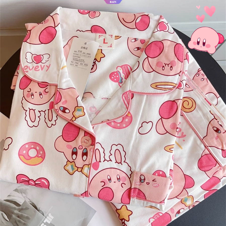การ ์ ตูนแอนิเมชั ่ นน ่ ารัก Kirby ชุดนอนหญิงฤดูใบไม ้ ผลิและฤดูใบไม ้ ร ่ วงใหม ่ คาร ์ ดิแกนญี ่ ปุ ่ นสาวนักเรียนแขนยาวกางเกงขายาว Homewear [ RAIN ]