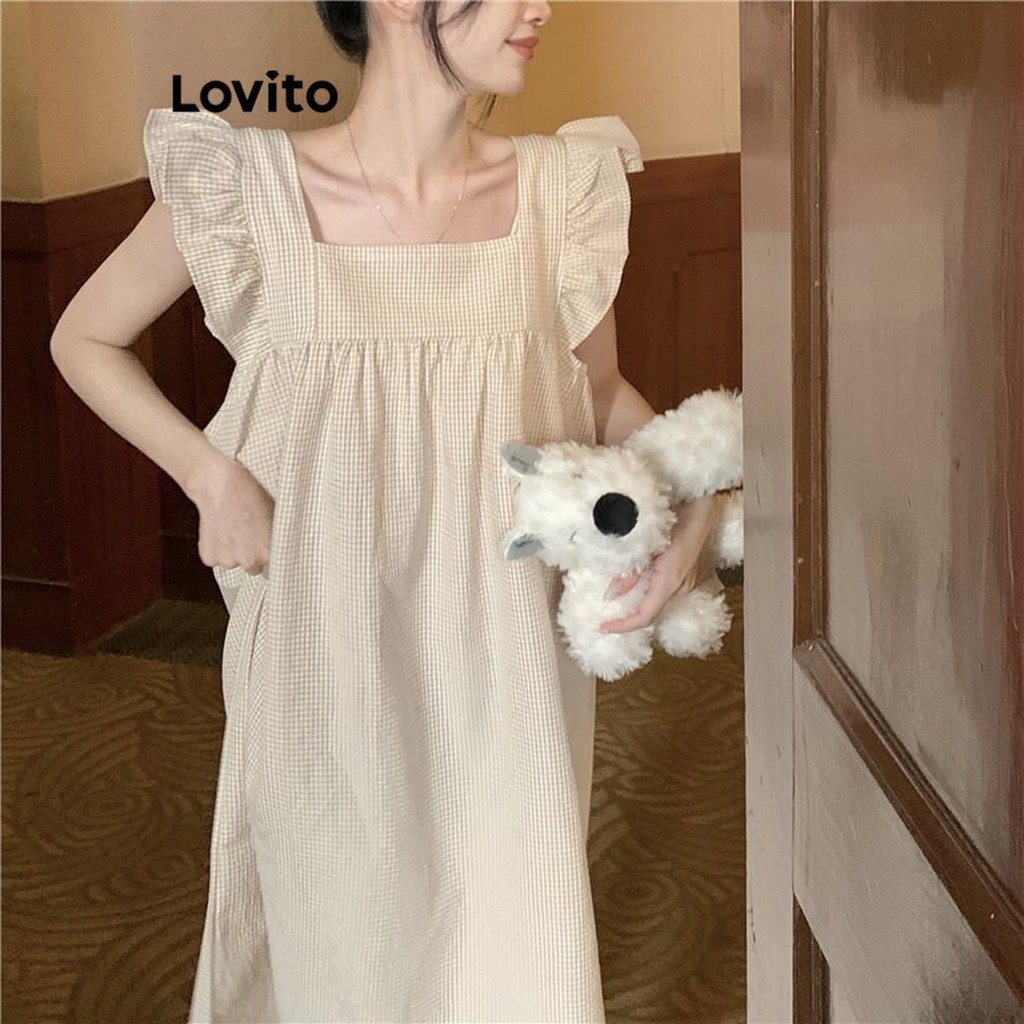 Lovito ชุดนอนเดรส ลายสก๊อต แต่งระบาย สไตล์ลำลอง สำหรับผู้หญิง LNA59097