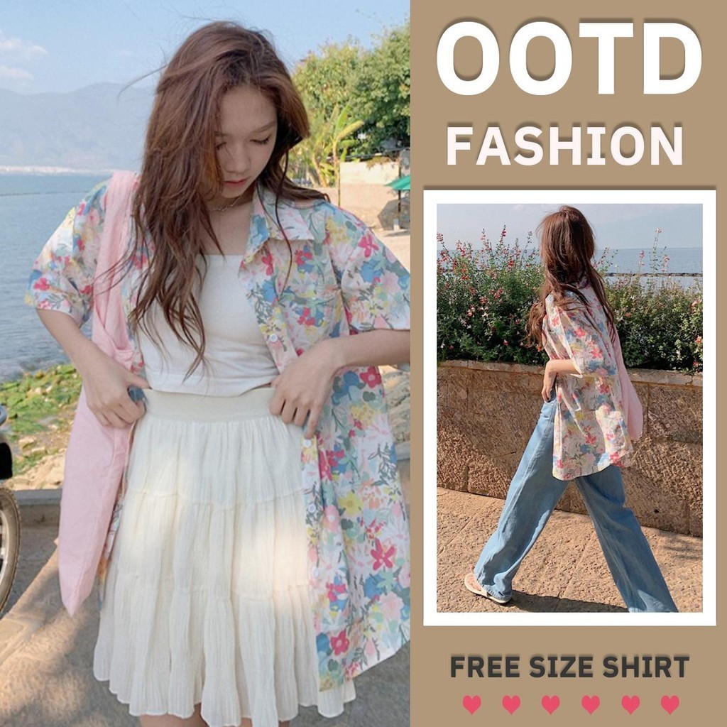 MIMI&DIDI.เสื้อเชิ้ตแขนสั้น เสื้อแฟชั่นฮาวายลายดอกไม้หลวมสบาย ๆ น่ารักสำหรับผู้หญิง ฤดูร้อน#W367