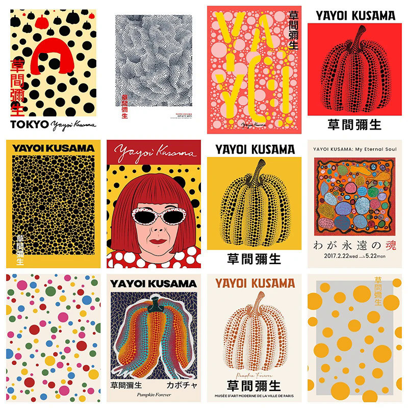 Yayoi Kusama Art นิทรรศการฟักทองดอกไม้โปสเตอร์พิมพ์บทคัดย่อภาพวาดผ้าใบญี่ปุ่น Retro Wall ภาพสําหรับห้องนั่งเล่นตกแต่ง OUMI