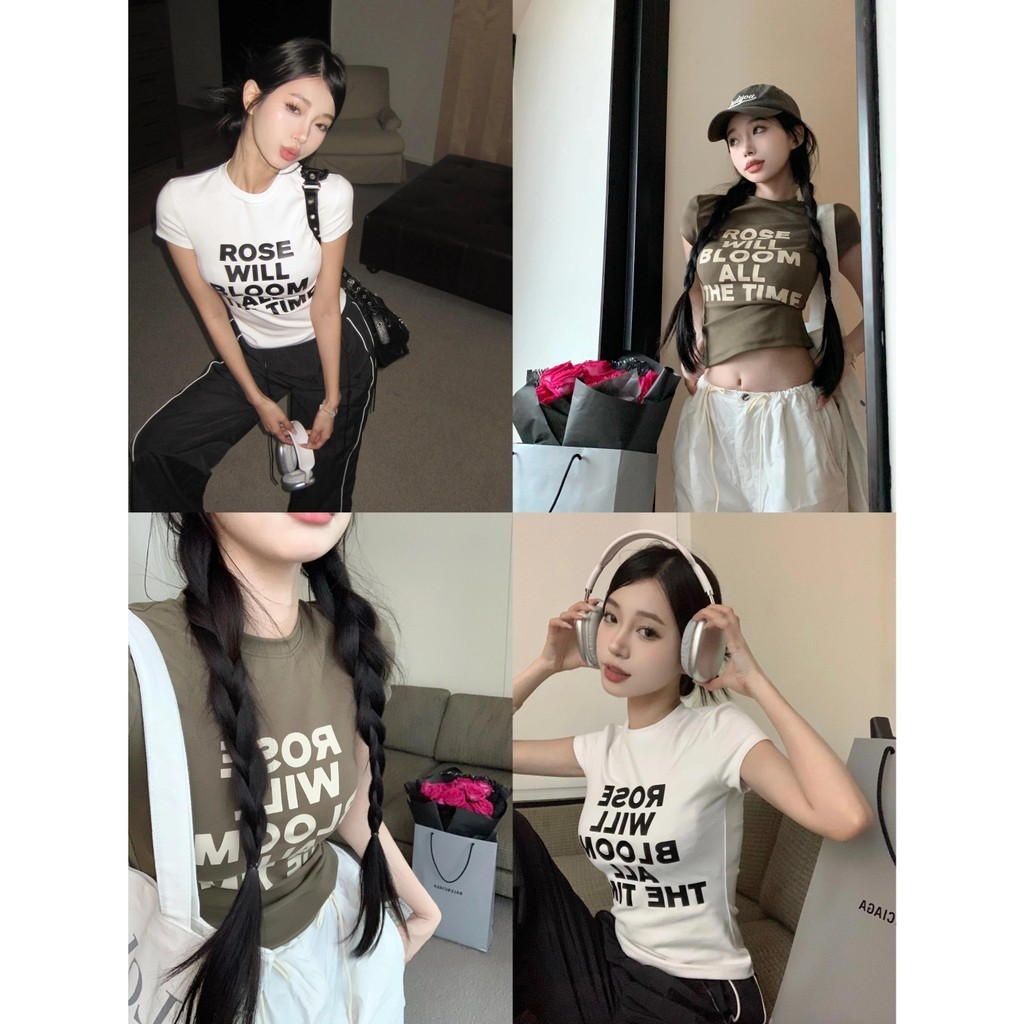 Dahong 2634 เสื้อครอป เสื้อยืดผู้หญิง y2kแขนสั้นเพรียวบางสั้นพักผ่อนในฤดูร้อนคอกลมและแขนสั้น