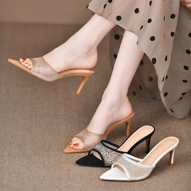 รองเท ้ าส ้ นสูงขนาดใหญ ่ ผู ้ หญิง 34-42 Pointed Stiletto รองเท ้ าส ้ นสูง Slip-On PU ยาง