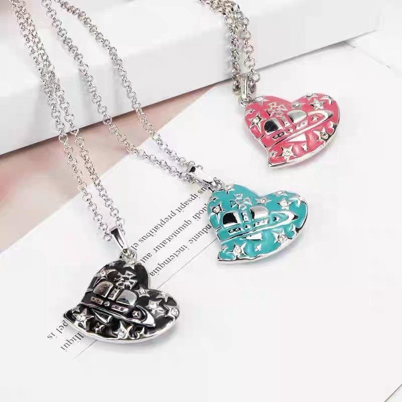 Saturn Planet Weiwei 'an Starry Heart Double-Sided Rhinestone สีสร ้ อยคอสีแดงสีดําสีฟ ้ าสามสี Clavicle Chain หญิง All-Match
