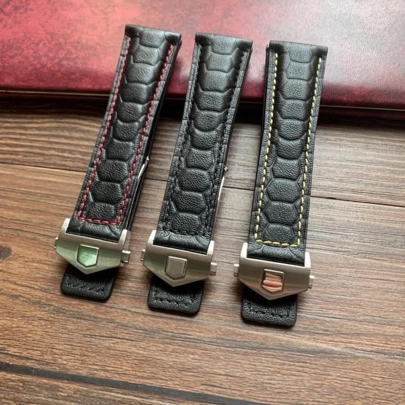 22 มม.สีดําสีเหลืองสีแดง Stitch ของแท้หนังนาฬิกาสําหรับ Tag Heuer Aquaracer Monaco Carrera Universal