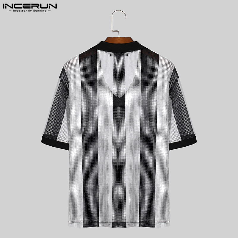 Incerun ผู ้ ชายแฟชั ่ นเกาหลี Hollow Stripe Turn Down Collar เสื ้ อโปโลแขนสั ้ น