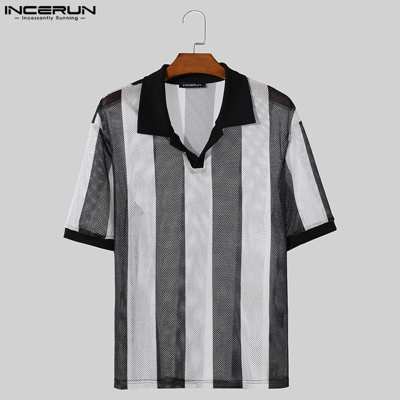 Incerun ผู ้ ชายแฟชั ่ นเกาหลี Hollow Stripe Turn Down Collar เสื ้ อโปโลแขนสั ้ น