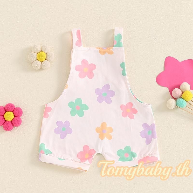 Tomybaby-ชุดเอี๊ยมเด็กผู้หญิง ชุดจั๊มสูทแขนกุดคอเหลี่ยมพิมพ์ลายดอกไม้น่ารักสำหรับชุดรอมเปอร์ฤดูร้อนของเด็กวัยหัดเดิน
