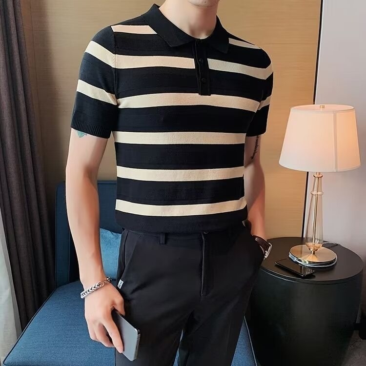ผ้าไหมน้ําแข็งบางสไตล์เสื้อโปโล M-3XL ลาย POLO แฟชั่นปกด้านบน Slim ครึ่งแขนผู้ชาย