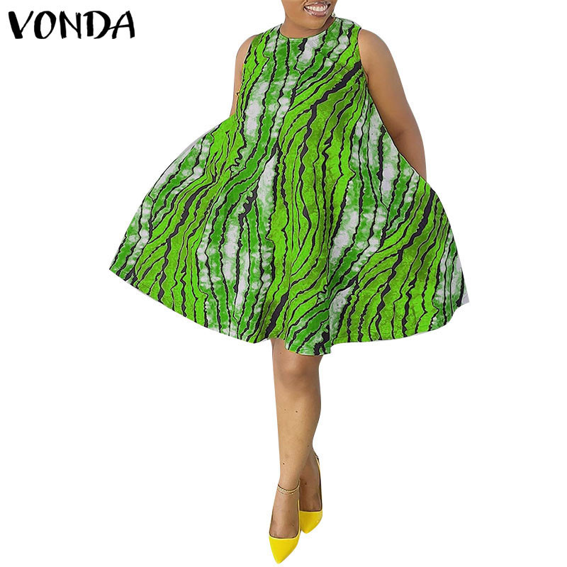 Vonda ชุดเดรสสั ้ นพิมพ ์ ลายแขนกุดคอวีวินเทจสําหรับผู ้ หญิง