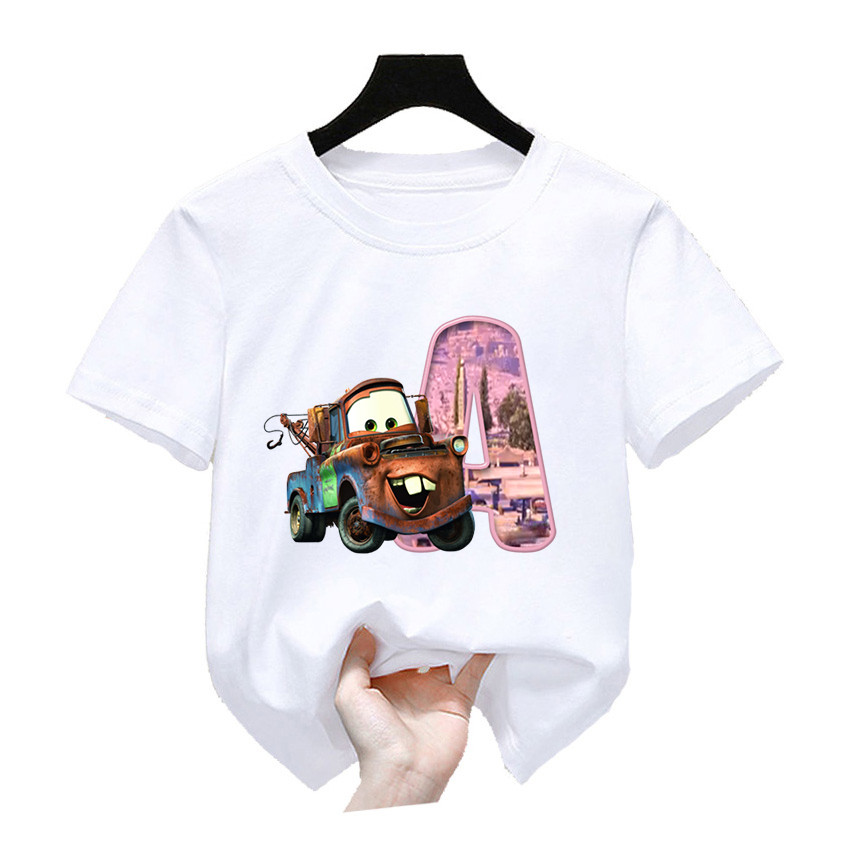 Disney Pixar Cars Lightning McQueen Summer Letter Children T-shirt Kawaii T Shirt Cartoons Casual Ki