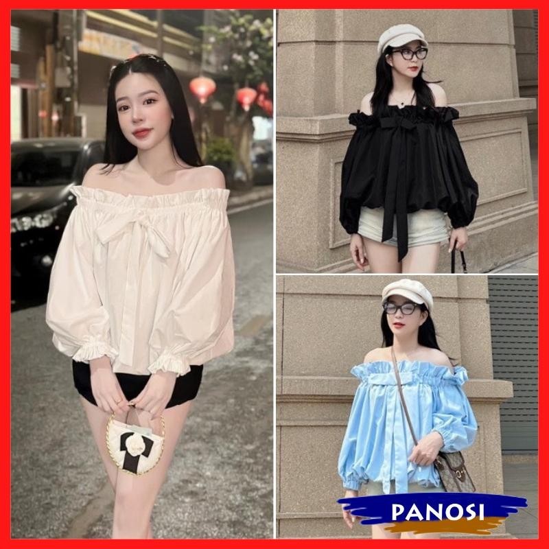 เสื้อเบลาส์เปิดไหล่แขนพองผูกโบว์หน้าอกเสื้อเบลาส์เปิดไหล่ผู้หญิงน่ารักแขนพอง ก257 ปาโนซี