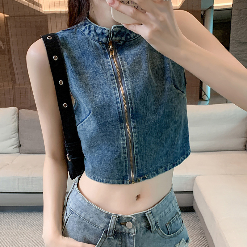 สาวร ้ อนซิปเสื ้ อกั ๊ กยีนส ์ ผู ้ หญิงฤดูร ้ อนใหม ่ แขนกุด Cropped Denim Top Denim Top