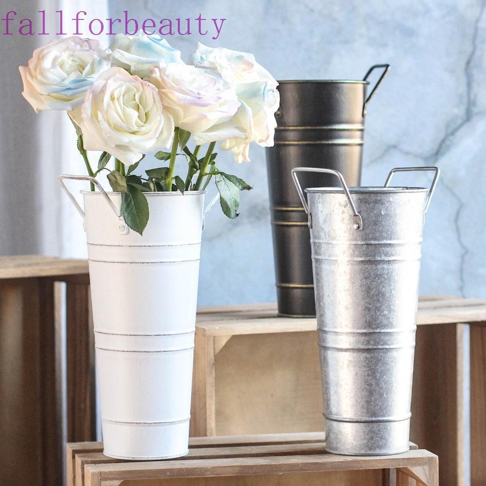 Fallforbeauty ถังดอกไม้ดีบุก, ถังดีบุกย้อนยุคทรงกลมสร้างสรรค์, งานฝีมือ DIY ทนทานพร้อมที่จับแจกัน Wrought Centerpiece