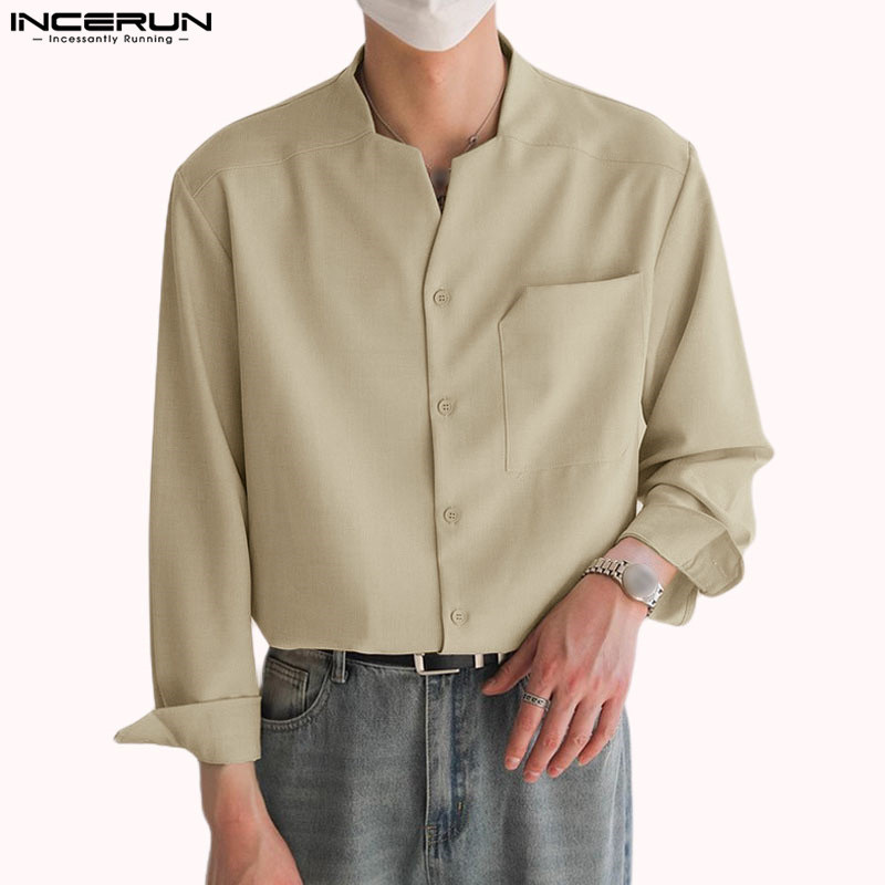 Incerun เสื ้ อเชิ ้ ตแขนยาวคอปกแขนยาวผู ้ ชายเกาหลีสีทึบ