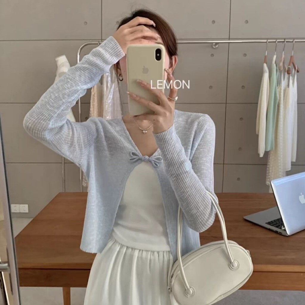 Gakki เสื้อคาร์ดิแกนคลุมไหล่กันแดดผู้หญิงผ้า ตัวสั้นขนาดเล็ก คลุมกันแดดแขนยาว ผ้านิ่มใส่สบาย ฟรีไซส์ พร้อมส่ง 2130#